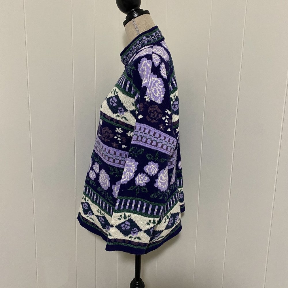 Vintage 80s Purple and White Floral Mockneck Knit Sweater Retro Preppy Sz Large - Picture 6 of 10